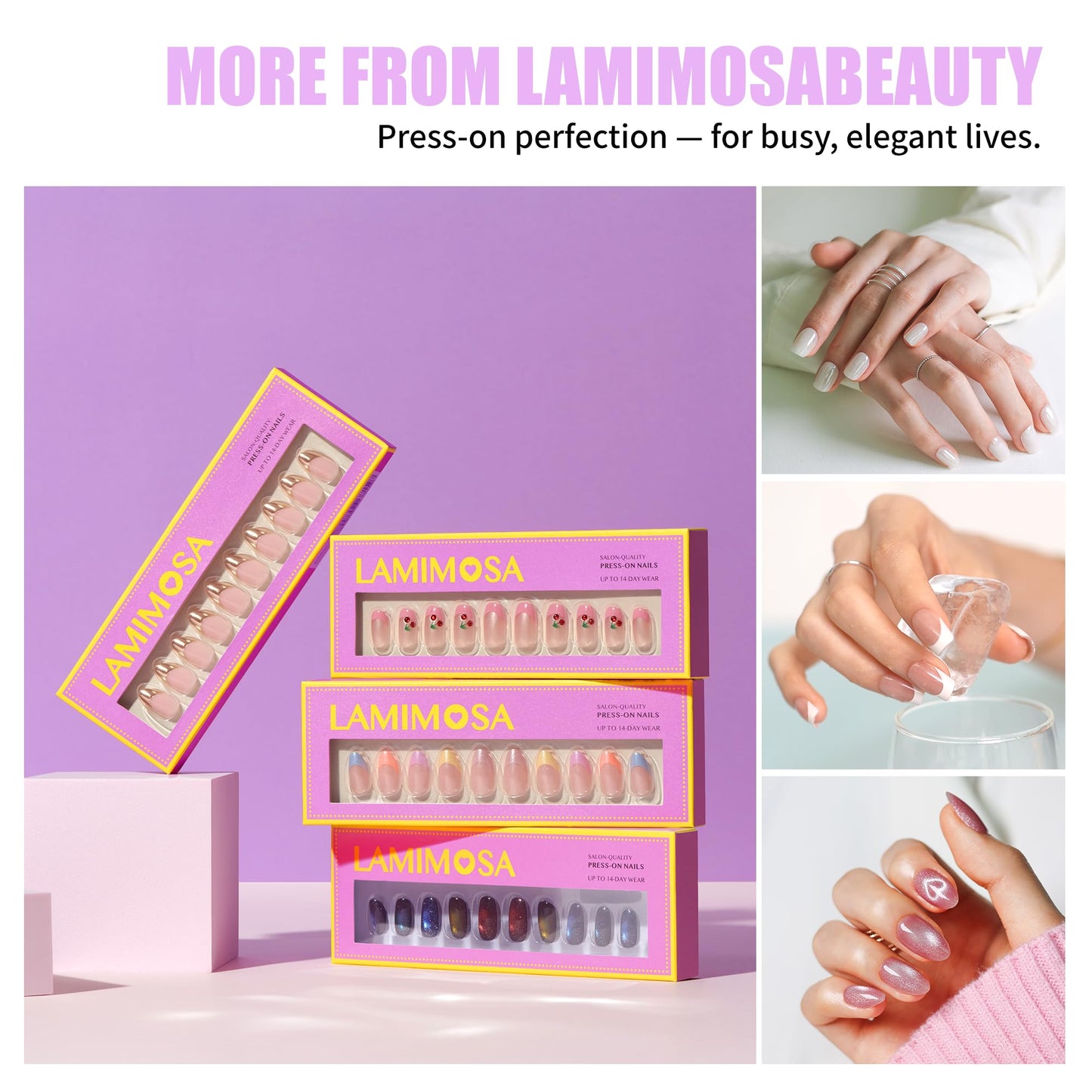 LAMIMOSA 32Pcs Cat Eye Press On Nails Short Almond – Soft Gel Fake Nails in 16 Sizes, Reusable Glue on Nails Kit, SWEETHEART