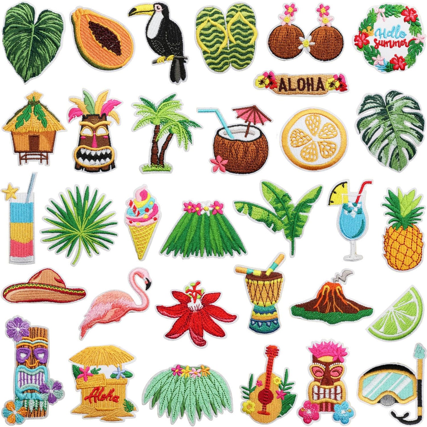 Nicime 32pcs Summer Hawaii Iron/Sew on Patches, Cute Funny Embroidered Applique, Vacation Tour Decration for Clothes, Hat, Bag, Jeans, Dress, Shirt