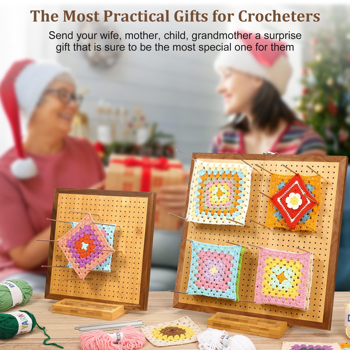 15.5" Foldable Crochet Blocking Board with 35 Stainless Steel Pegs - Upgrade Large Blocking Boards for Crochet Projects, Bamboo Granny Square Crocheting Accessories Gifts for Crocheters