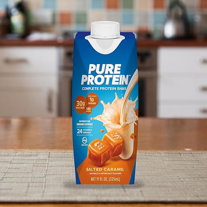 Pure Protein Salted Caramel Shake, Ready to Drink and Keto-Friendly, Vitamins A, C, D, and E Plus Zinc to Support Immune Health, 11 Oz, 12 Count