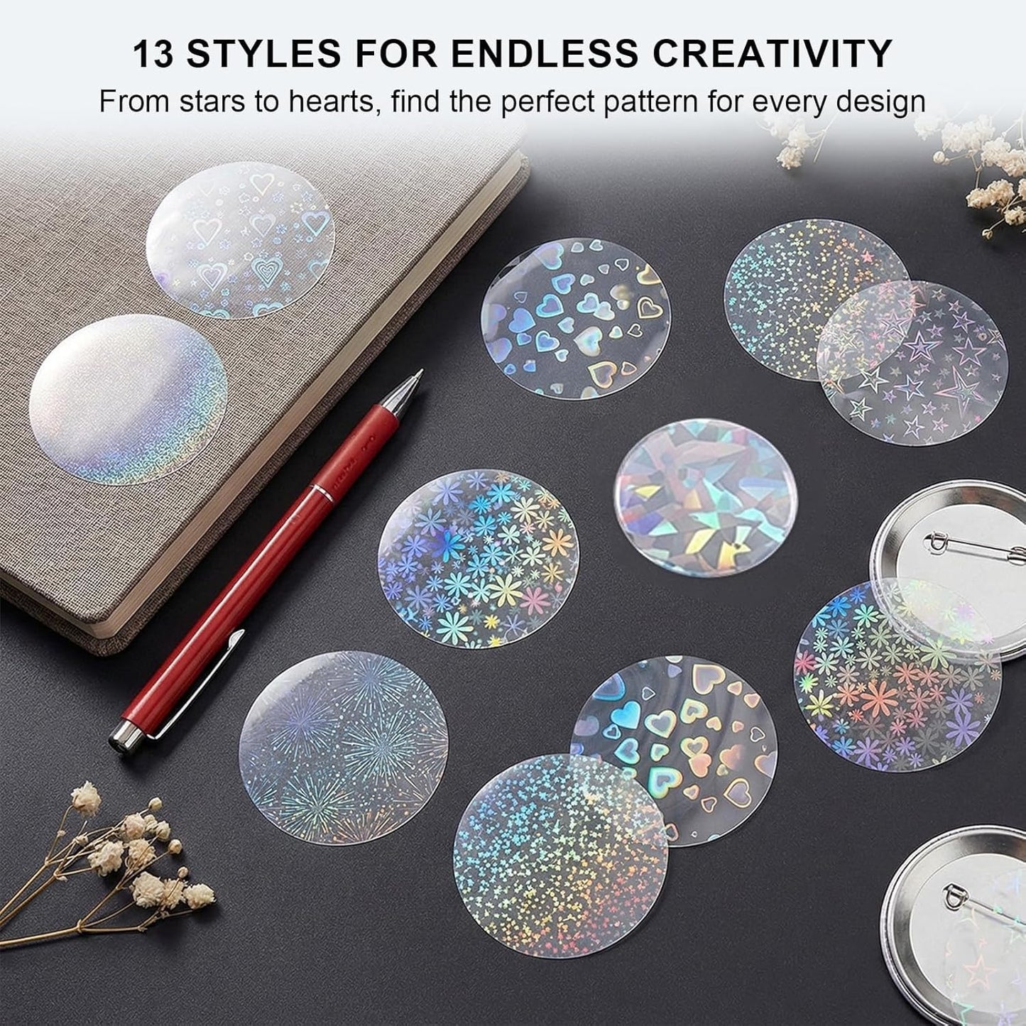 200 PCS Badge Film for Your 58mm / 2.25 in (Approx. 2-1/4 inch) Round Button Maker Machine,8 Different Holographic Button Making Supplies Film (200pcs Sand Star for 2.25inch Badge)