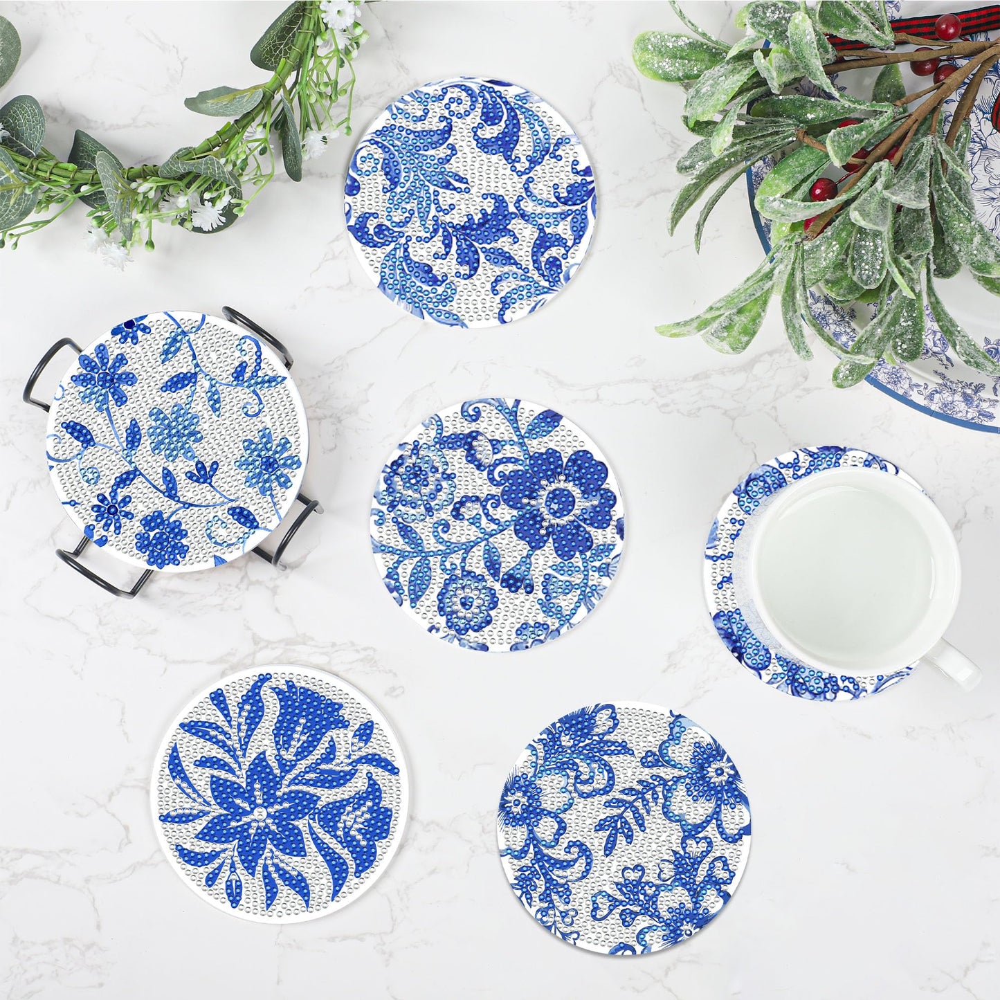 Diamond Art Coaster Blue Flower Diamond Painting Kits 5D DIY Acrylic Diamond Coasters with Cork Base and Holder for Adults DIY Craft, 8 PCS