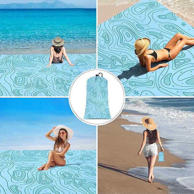 Blue Beach Blanket, 9 Ft X 10 Ft Extra Large Sandproof Beach Mat for 2-8 Adults, Foldable Waterproof Sand Free Outdoor Picnic Blanket with 4 Stakes & Corner Pockets for Camping, Hiking, Festival