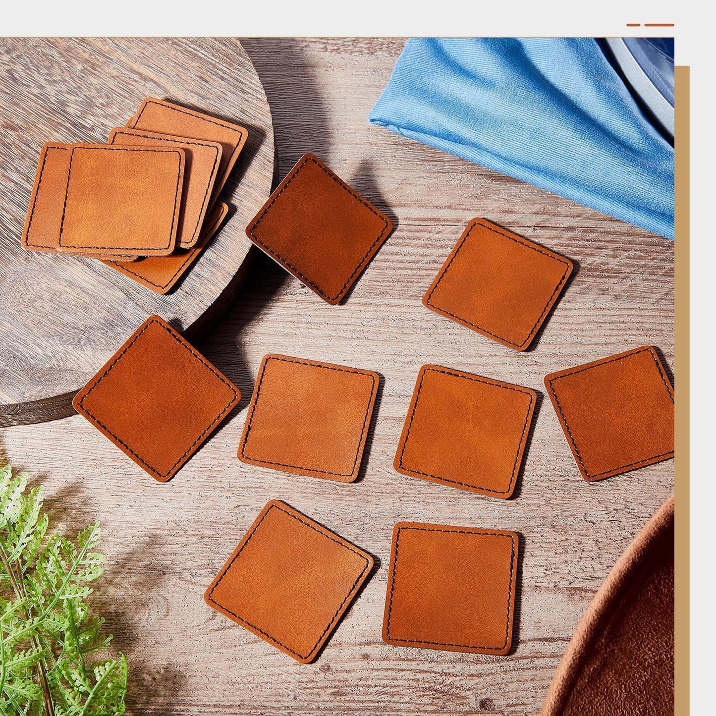 Dunzy 60 Pcs Blank Leather Hat Patch Square Laserable Rustic Leatherette Patch Adhesive for Hat Fabric Custom Repair Sew Laser Glow Forge, 2.5 x 2.5 Inch(Khaki)
