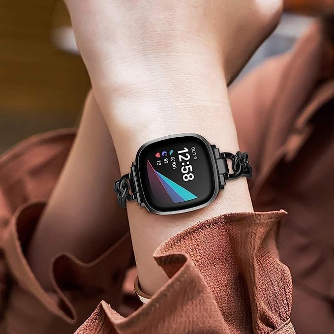 Cool Women Chain Metal Smartwatch Bands Compatible for Fitbit Sense/Fitbit Versa 3 Bands for Dressy Women, Metal Wristband Strap for Fitbit Sense 2/Versa 4 (Black)