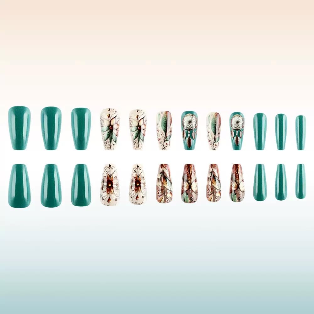 Medium Press on Nails Coffin Fake Nails with Flower Butterfly Design Glue on Nails Green False Nails Full Cover Stick on Nails Spring Acrylic Nails Elegant Artificial Nails for Women 24Pcs