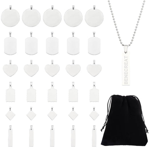BENECREAT 30PCS Mixed Large Stainless Steel Stamping Blanks, Round/Rectangle/Heart Pendants Charms with Black Velvet Bag and Clear Storage Box for Necklace Bracelet Making and ID Name Tags, 1mm Thick