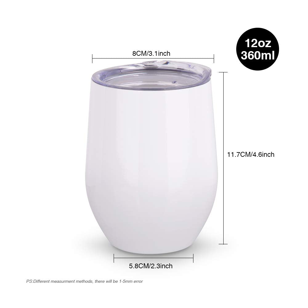 PYD Life Sublimation Blanks Wine Tumbler Cups White 12 OZ Stainless Steel Insulated Stemless Mugs with Lid 6 Pack