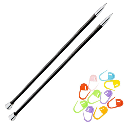 KnitPro Karbonz Straight Knitting Needles 10 inch, Size 0 (25cm, 2.00mm) with 10 Colorful Stitch Markers