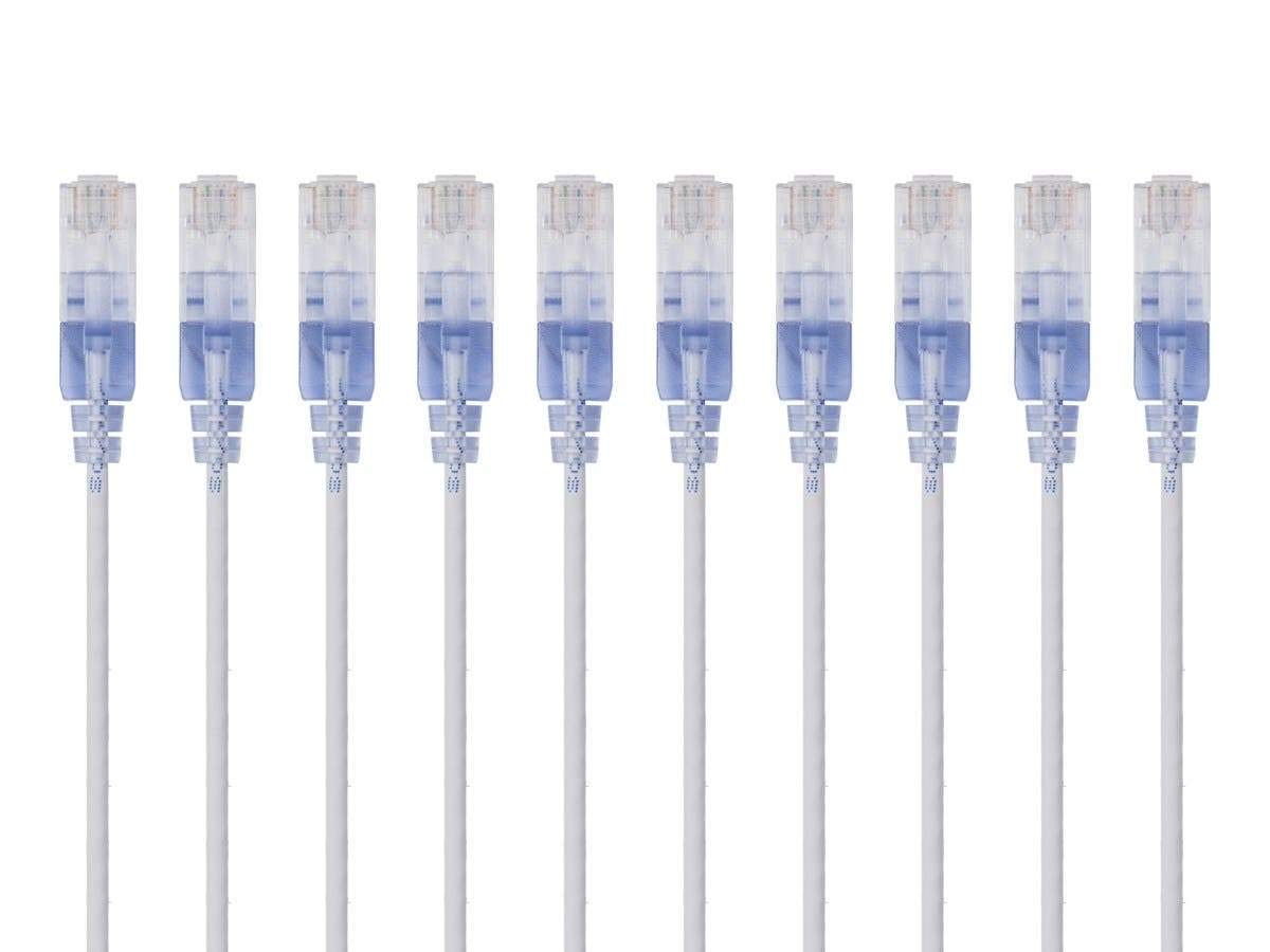Cat6A RJ45, 550Mhz, 10G, 30AWG, 10-Pack, 3 Monoprice Ethernet Patch Cable - Snagless UTP, Pure Bare Copper Wire, Feet