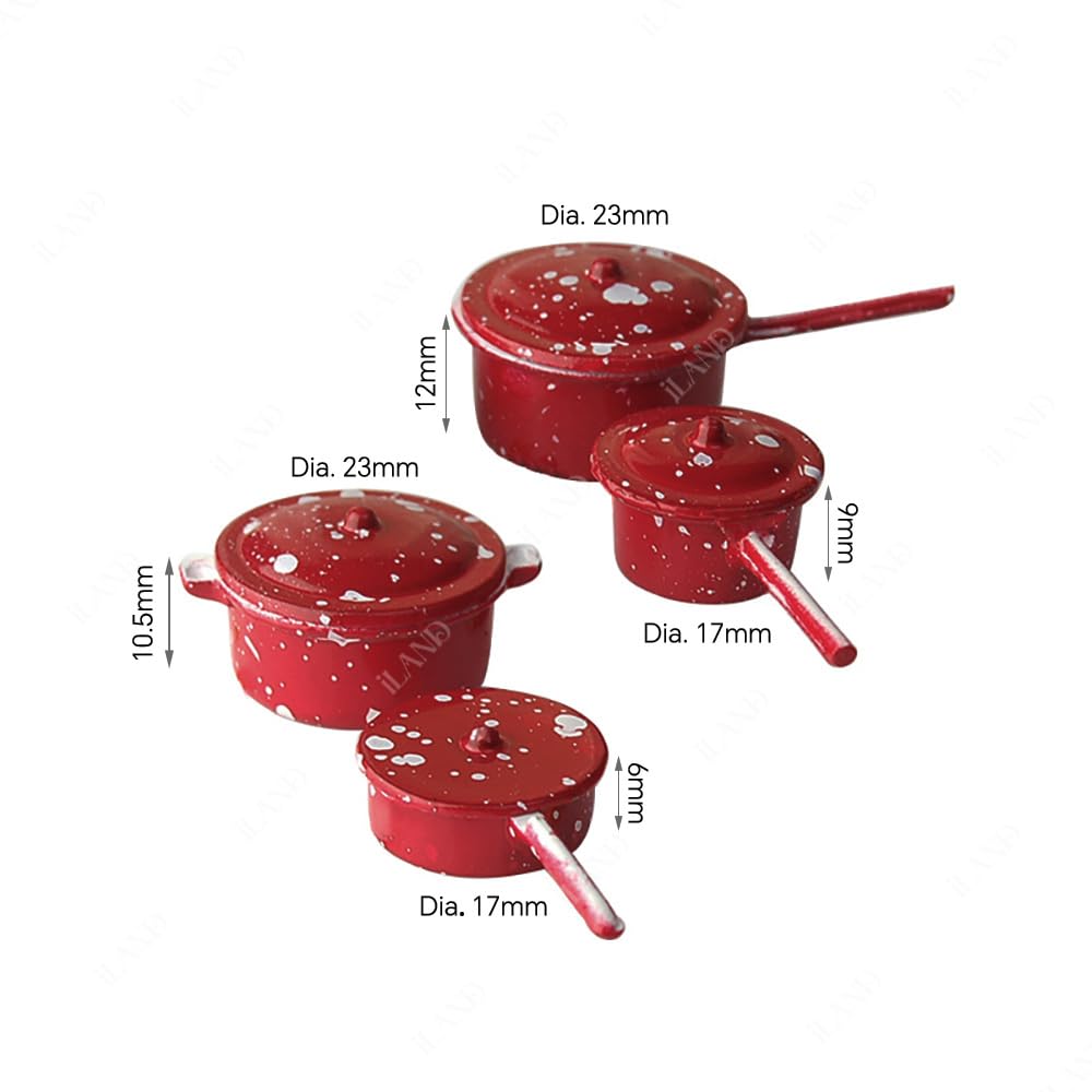 iLAND 1/12 Scale Accessories of Dollhouse Kitchen, Dollhouse Miniatures Cooking Set, Mini Metal Pots & Pans & Turners w/Stand