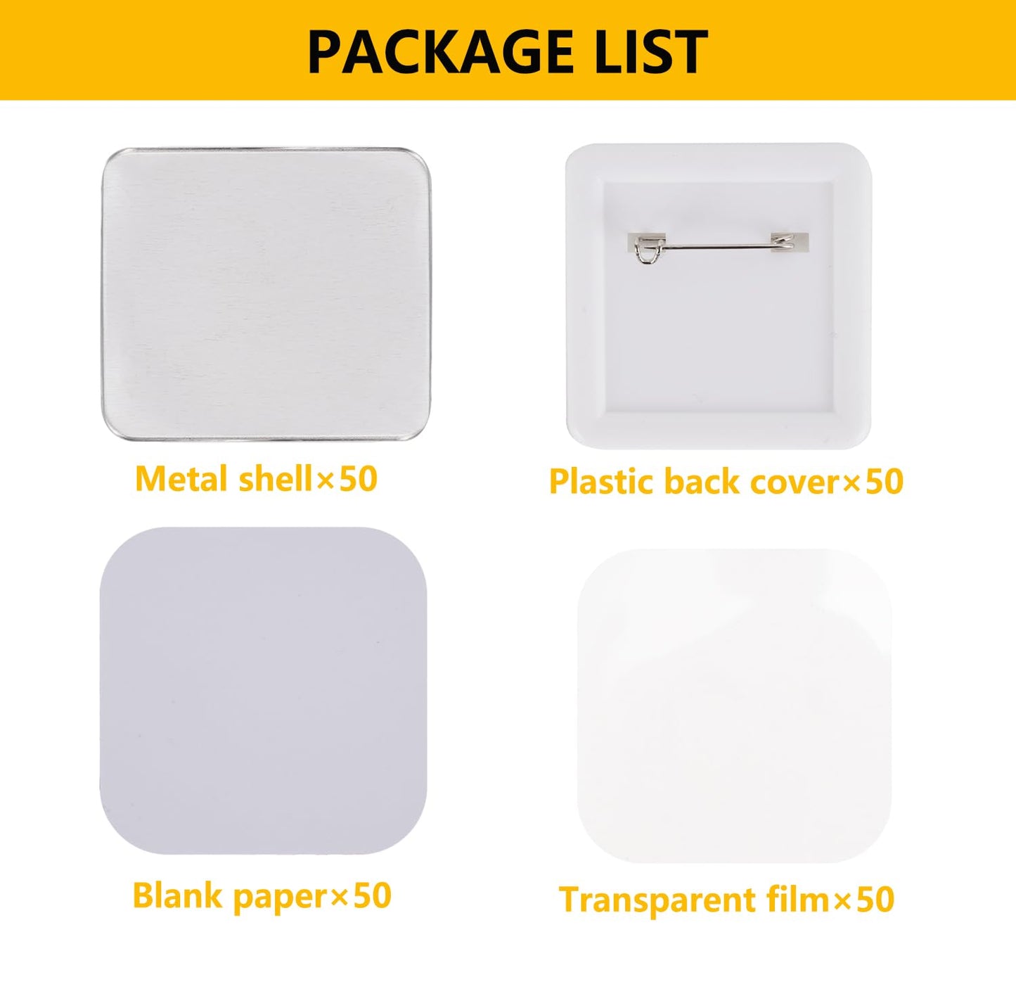 50sets Square Button Parts for Mecolour Square Button Maker Machine 2 * 2inch(50 * 50mm), Metal Button Parts, Includes Metal Cover, Button Back Cover, Clear Film&Blank Paper