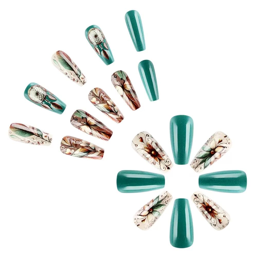 Ocean Press on Nails Square - Medium Fake Nails with Coral Shell Design - Summer, White Frecnh Tip False Nails for Women 24 Pcs