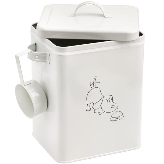 SOUJOY Pet Treat and Food Storage Bin with Lid and Scoop, 5LBS White Vintage Farmhouse Storage Tin, Coated Carbon Steel Canister, Gift for Dogs Owners