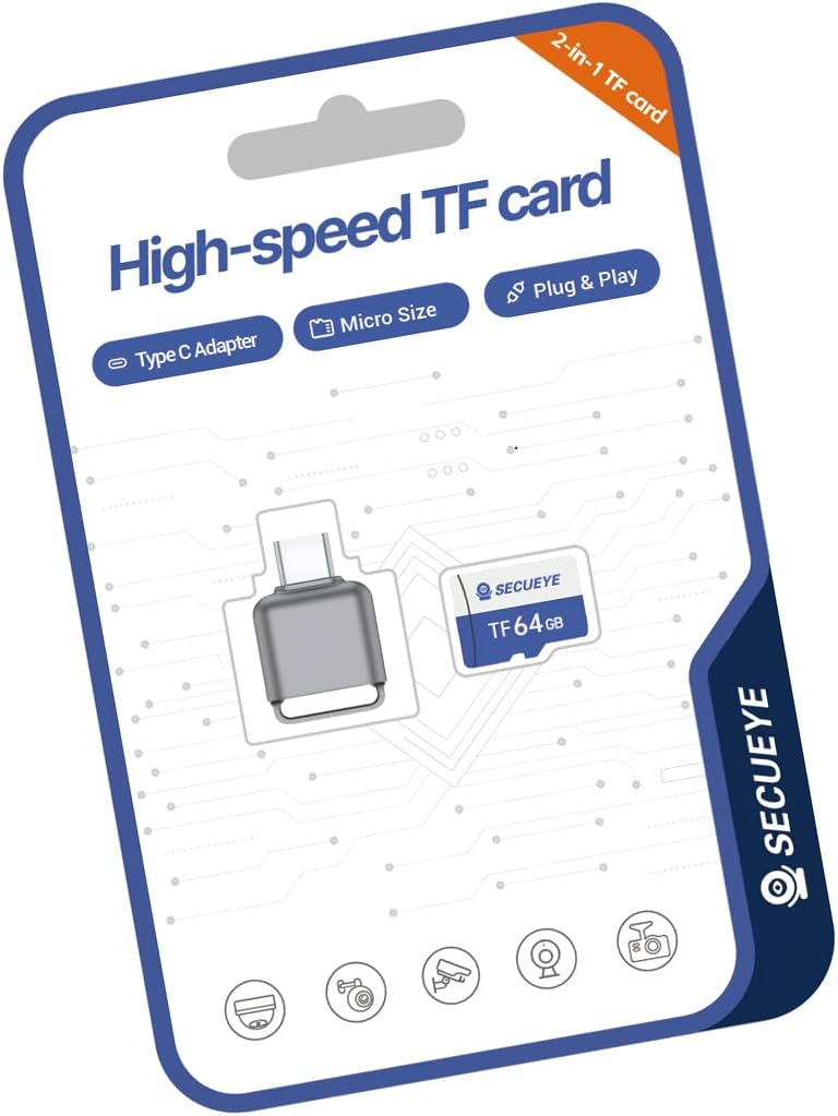 JOYNANO 64GB 10 FAT32 24/7 (64GB SECUEYE TF Memory Card with Type C Adapter, Class High Speed Reading/Writing