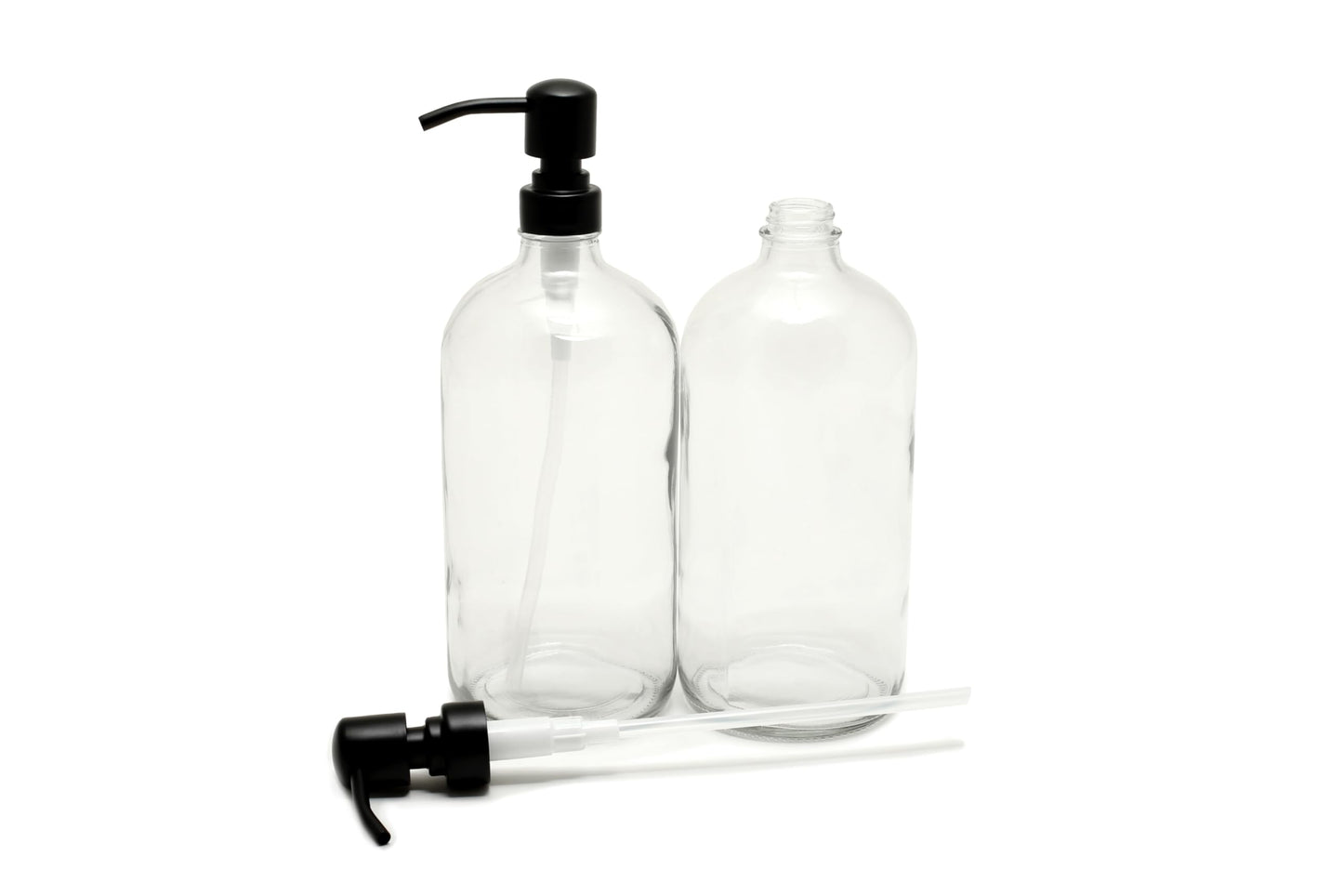 Vivaplex, 2, Large, 32 oz, Empty, Clear Glass Bottles with Stainless Steel, Matte Black, Lotion Pumps