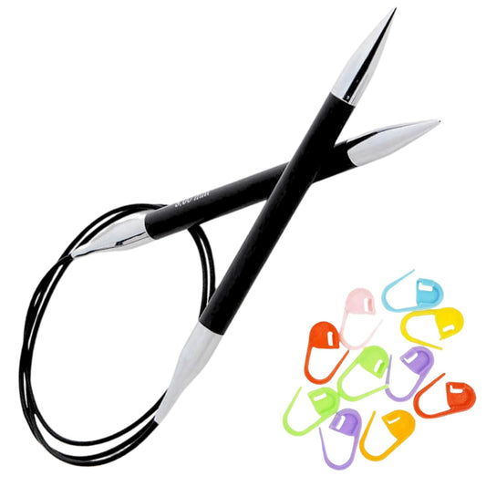 KnitPro Karbonz Circular Knitting Needles 32 inch, Size 8 (80cm, 5.00mm) with 10 Colorful Stitch Markers