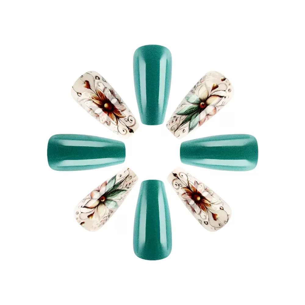 CTTHNBD Square Press on Nails - Medium Fake Nails with Flower Design - Ombre Brown, French Tip False Nails for Women - 24 Pcs