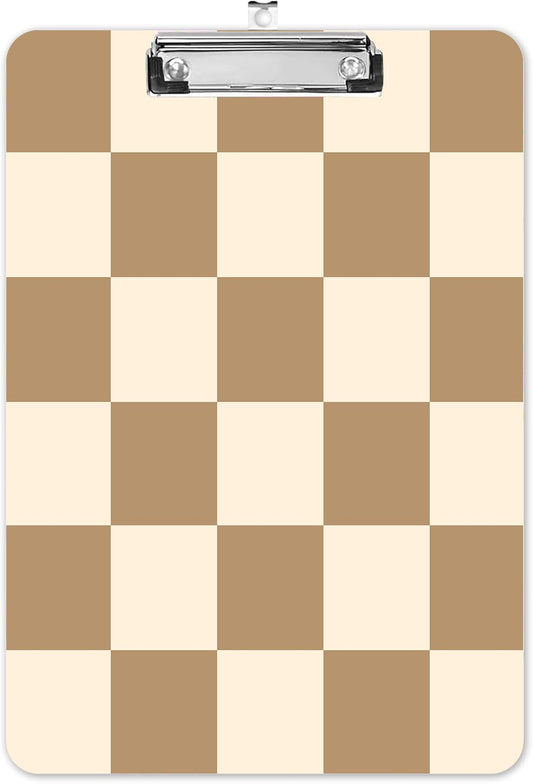 Fashion A4 Clipboard, Standard Letter Size 9" x 12.5", Decorative Wooden Clipboard with Low Profile Metal Clip for Office, School, Teachers, and Students, Coffee Checkered