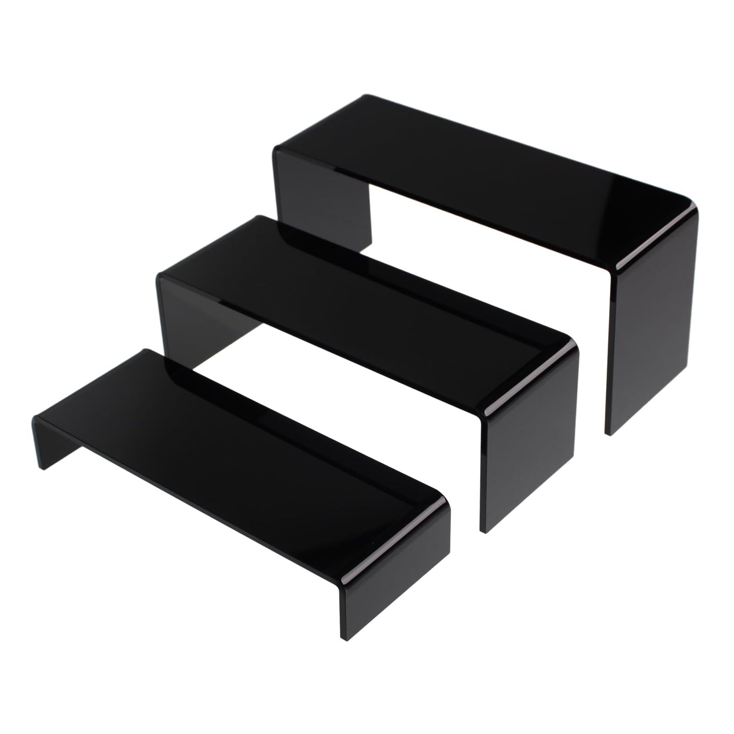 KOSKWKREO 3 Pack Black Acrylic Display Risers, Tiered Display Stand Set in 3 Sizes for Perfume, Cosmetics, Cupcakes, Figures, Toy Cars, Collectibles and Small Decor