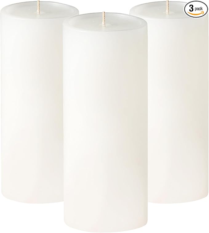 Simply Soson 3x8 inch White Pillar Candles Set of 3, Smooth Texture, Unscented White Candles, Dripless Candles, 3 inch Pillar Candles Ideal as Wedding, Parties, Spas, Dinner, Home Decoration, Church