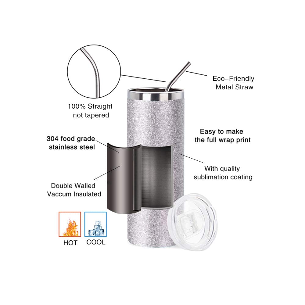 PYD Life Sublimation Blank Glitter Skinny Tumbler Silver 20 OZ Straight Stainless Steel Coffee Cups with Lid and Metal Straw for Tumbler Heat Press Sublimation Oven Printing 4 Pack