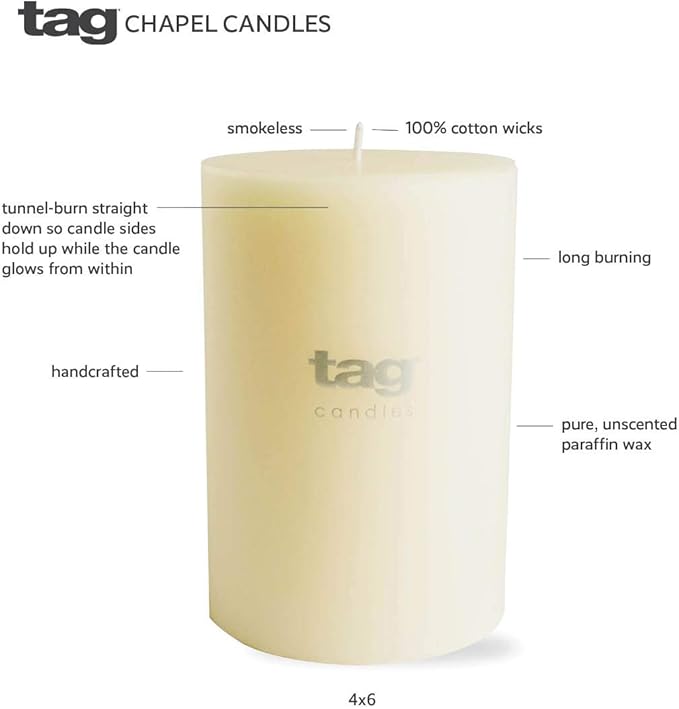 TAG Chapel 3X4 Ivory Pillar Paraffin Wax Candle Unscented Drip-Free Long Burning 46 Hours for Home Decor Wedding Parties 3x4 Ivory