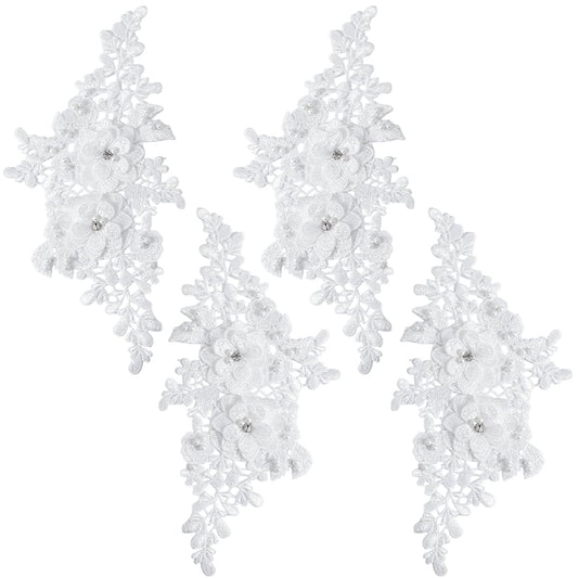 CABODYALS 4Pcs Beaded Lace Appliques White Pearl 3D Flower Crystal Applique Polyester Embroidery Floral Rhinestone Sew on Patches for Sewing Making Dresses Clothes Wedding Gown Headpiece DIY Supply