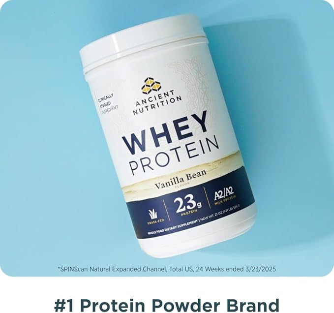 Ancient Nutrition Grass Fed Whey Protein, Milk Chocolate, 23g Protein, 20 Servings, Hydrolyzed Collagen Peptides, Organic Regenerative A2/A2 Milk Protein
