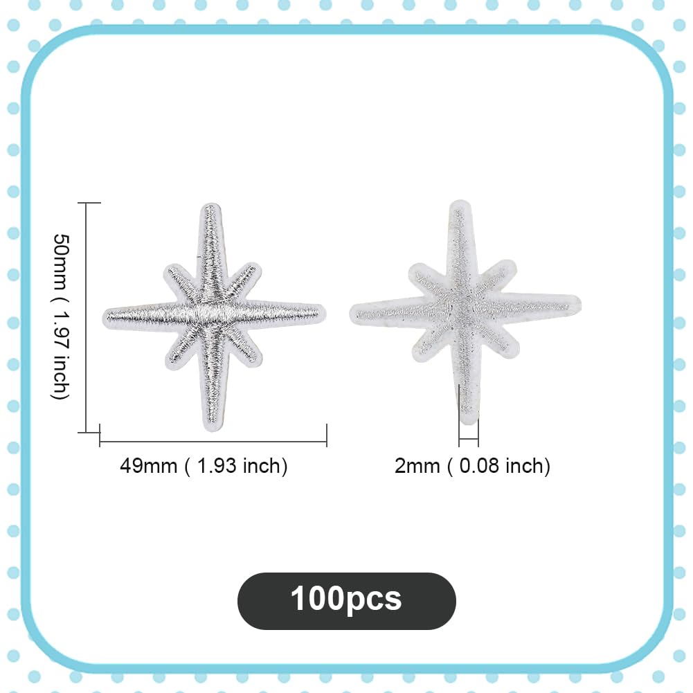CABODYALS 100Pcs Silver Embroidered Star Patches Solid Eight Pointed Star Iron on Patch Celestial Sew on Repair Badge Appliques Bulk for Sewing Making Clothes Shirts Bags Christmas Backpack Diy Supply