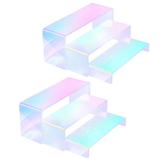 6pcs Iridescent Acrylic Display Risers, Rainbow Display Stand Set for Collectible Figures Jewelry Perfume Organizer, 3 Sizes Rectangular Stands for Candy Dessert Cupcake, Vendor Booth Retail Showcase