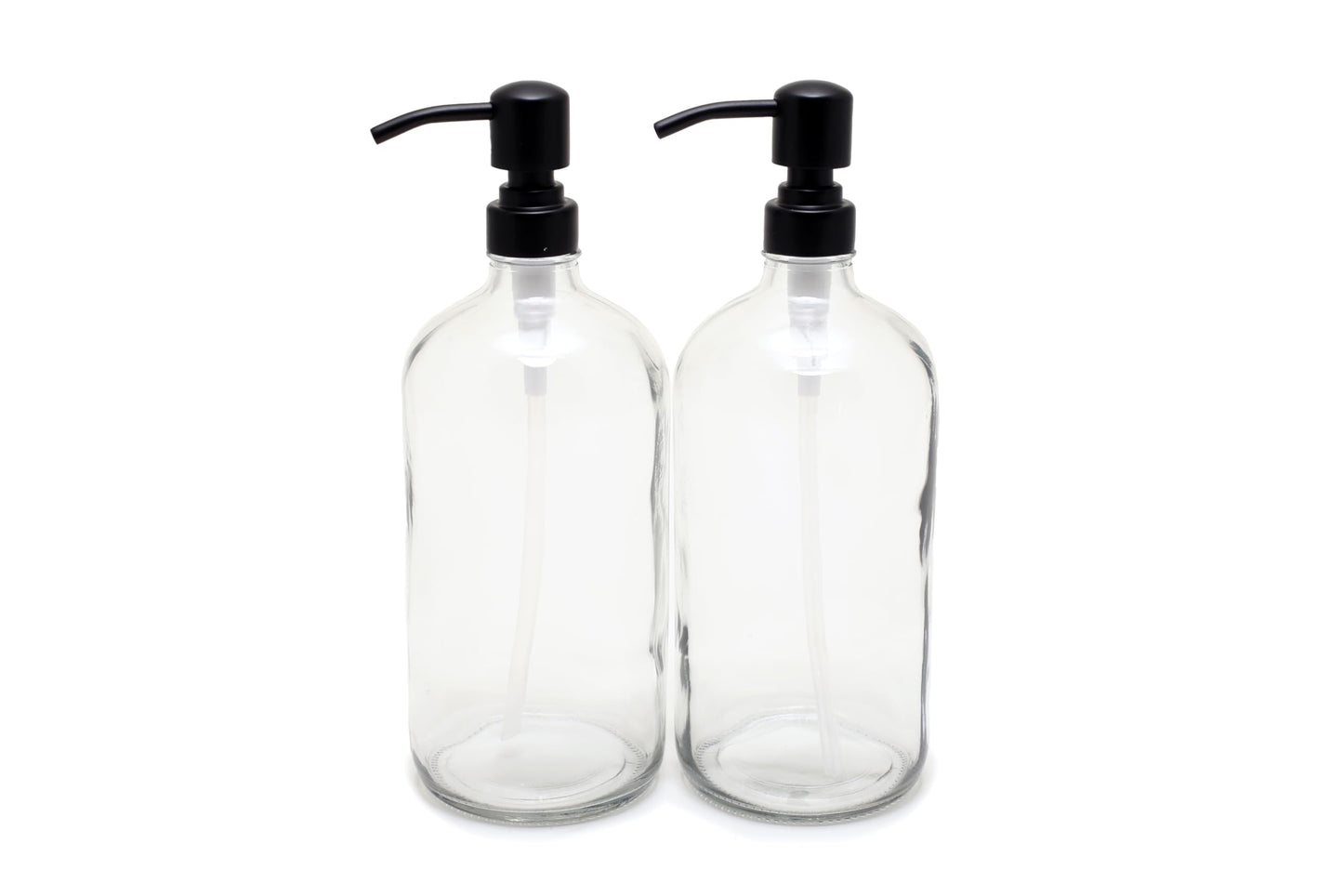 Vivaplex, 2, Large, 32 oz, Empty, Clear Glass Bottles with Stainless Steel, Matte Black, Lotion Pumps