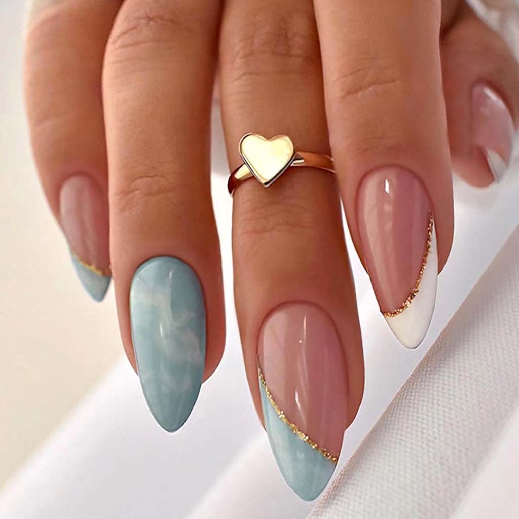 RikView French Tip White Press on Nails Medium Fake Nails Blue Almond Acrylic Nails 24 PCs/Set