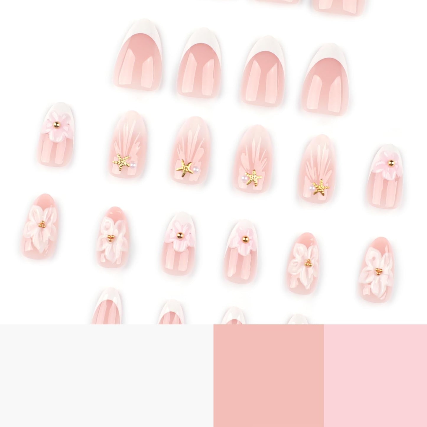 Mivota White Flower Press On Nails short, 24pcs Almond French Fake Nails with 3D Floral Design, Pearl & Starfish Decor, Glossy Nude Acrylic Stick On Nails Kit for Women Girls Manicure