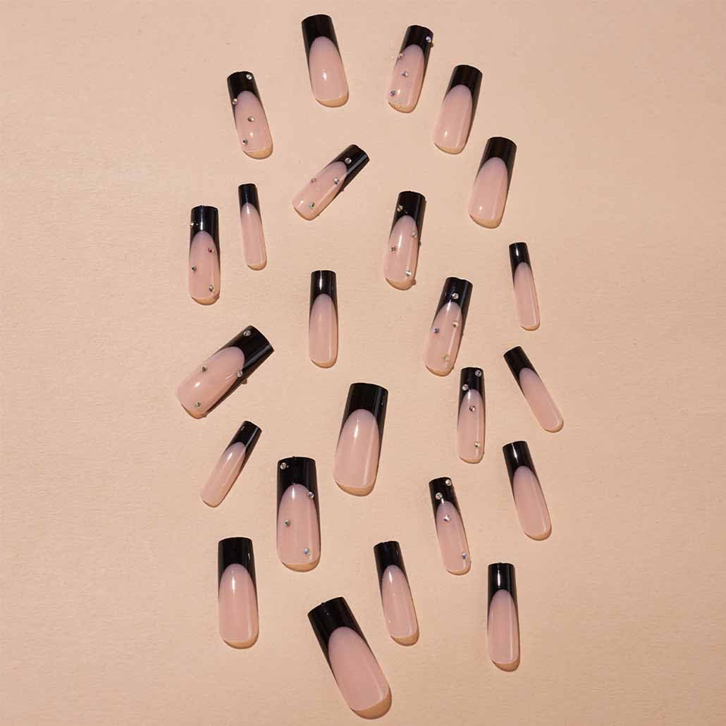 Foccna Black Press on Nails Artificail Extra Long,Square Fake Nails Black with French Acrylic Full Cover Long Fake Nails with Design Nail Tips for Women&Girls-24PCS