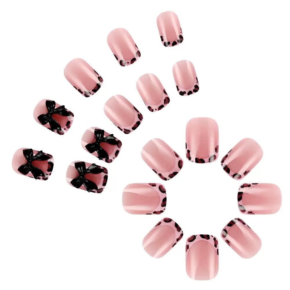 CTTHNBD Short Press on Nails Square - French Tip Fake Nails with Black Bow Design - Leopard Print False Nails for Women 24 Pcs