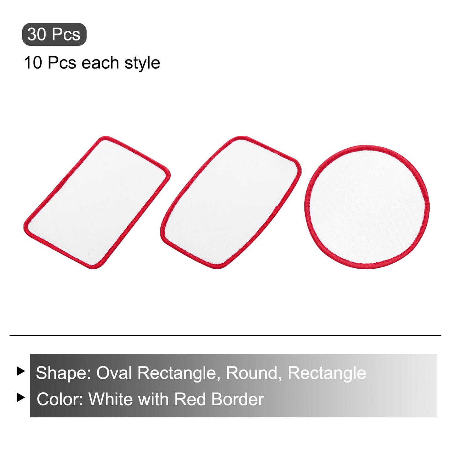 MECCANIXITY 30pcs Sublimation Patch Blank, 3 Shape Fabric Iron-on Blank Heat Transfer Repair Patch for DIY Crafts Caps Clothes, White with Red Border