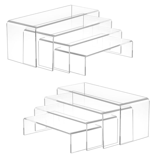 Albumgit Acrylic Display Risers, 8 Pieces Clear Rectangular Tabletop Display Stand for Amiibo Funko POP Figures, Collectibles Jewelry Food Cupcake Dessert Risers Shelf for Decoration and Organizer