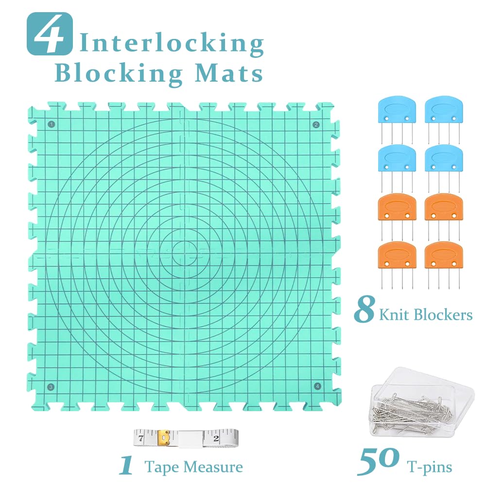 Yarniss Large Ergonomic Crochet Hooks Set 6.5mm 7.0mm 8.0mm 9.0mm 10.0mm and Blocking Mats for Knitting&Crochet Project, Thickened Blocking Board with Grid Line&T-Pins