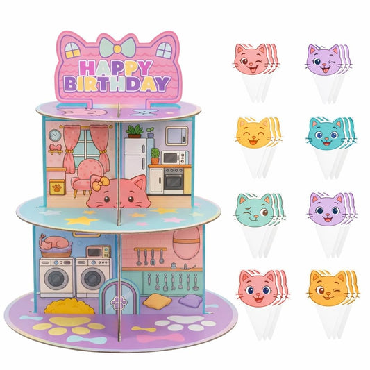 25 Pcs 3-Tier Cartoon Cat Dollhouse Cupcake Stand with Toppers, Stable Tower for Cat Themed Birthday Party Decorations & Supplies, Color-Fast Easy-Clean, Lightweight Centerpiece