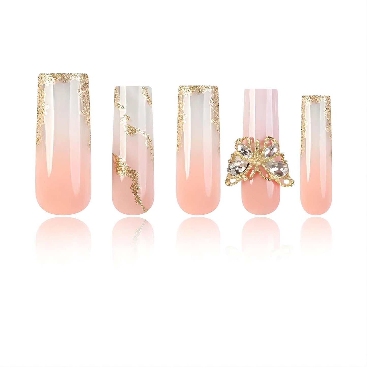 RUOKEXIN Nail Press ons Long Press on Nails Coffin Fake Fingernails Glossy Ombre Acrylic False Nails with 3D Butterfly Designs Gold Glitter Powder Artificial Nails Stick on Nails for Women 24Pcs
