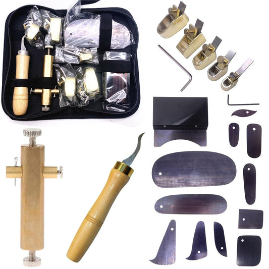 TUOREN 21 Pcs Violin Luthier Repair Tool Kit, 14 Pcs Violin Fingerboard Scraper Set and 5Pcs 8-16mm Violin Thumb Planer, 1Pcs Brass Purfling Inlaid Groove Carver and 1 Pcs Clean Up Groove Knife