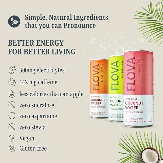 Flova Energy Drink, All Natural, Electrolytes and Minerals from Coconut Water, 4 Simple Easy to Pronounce Ingredients, 99% Juice, Assorted Pack of 12 Cans
