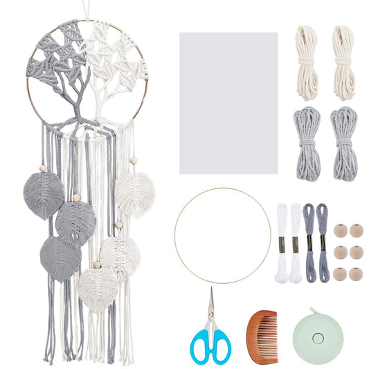 ACRNIGHEET Tree of Life Dream Catcher Macrame Kit for Adults Beginners Macrame Leave Wall Hanging Decor with Video Tutorials Handmade Woven Boho Home Decor for Bedroom Dorm Decoration(Grey Series)