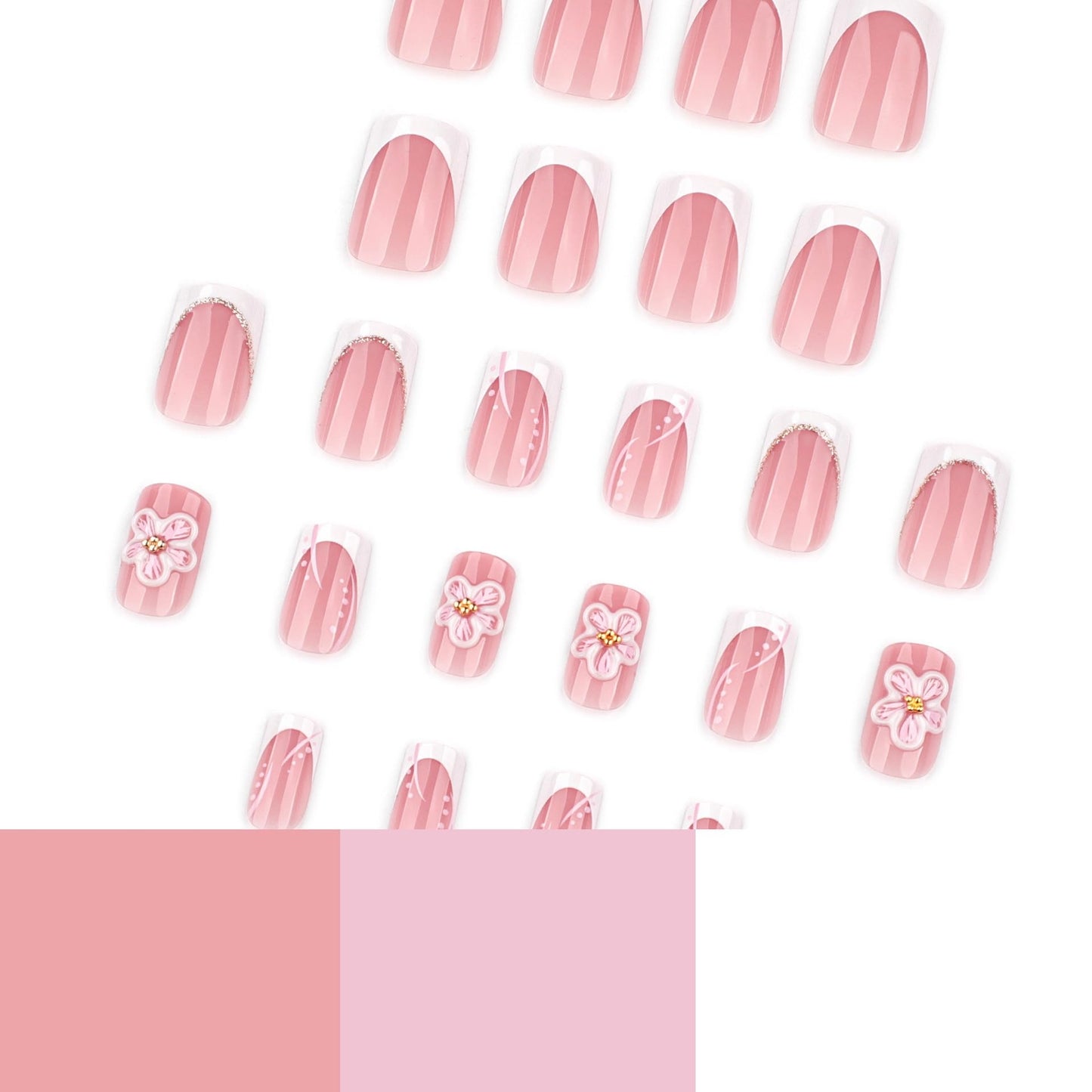 CTTHNBD Square Press on Nails Short - White French Tip Fake Nails with Flower Design - Cute, Summer False Nails for Women 24 Pcs
