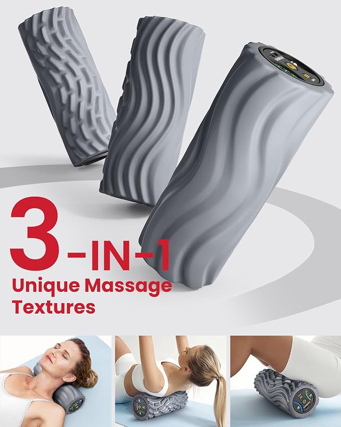 FITINDEX Vibrating Foam Roller for Back Pain, 5-Speed Muscle Massage, FSA HSA Eligible, Exercise, Muscles Deep Tissue, Physical Therapy, Pilates, Yoga, Neck, Leg, Rechargeable, Travel Portable Gray