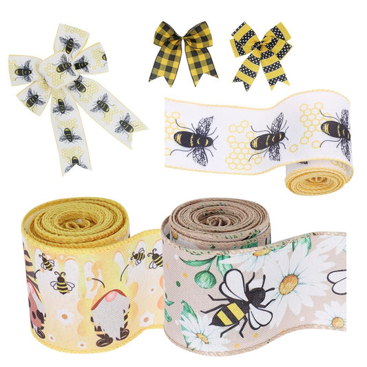 SiCai Ribbon 6 Rolls 30 Yards Bee Ribbon,Wired Edge Ribbon,Honey Ribbon for Spring Summer Craft Wrapping,2.5 inches Stripes,Polka,Dots,Gnome Ribbons Floral Arrangements,Packages,Home Decor
