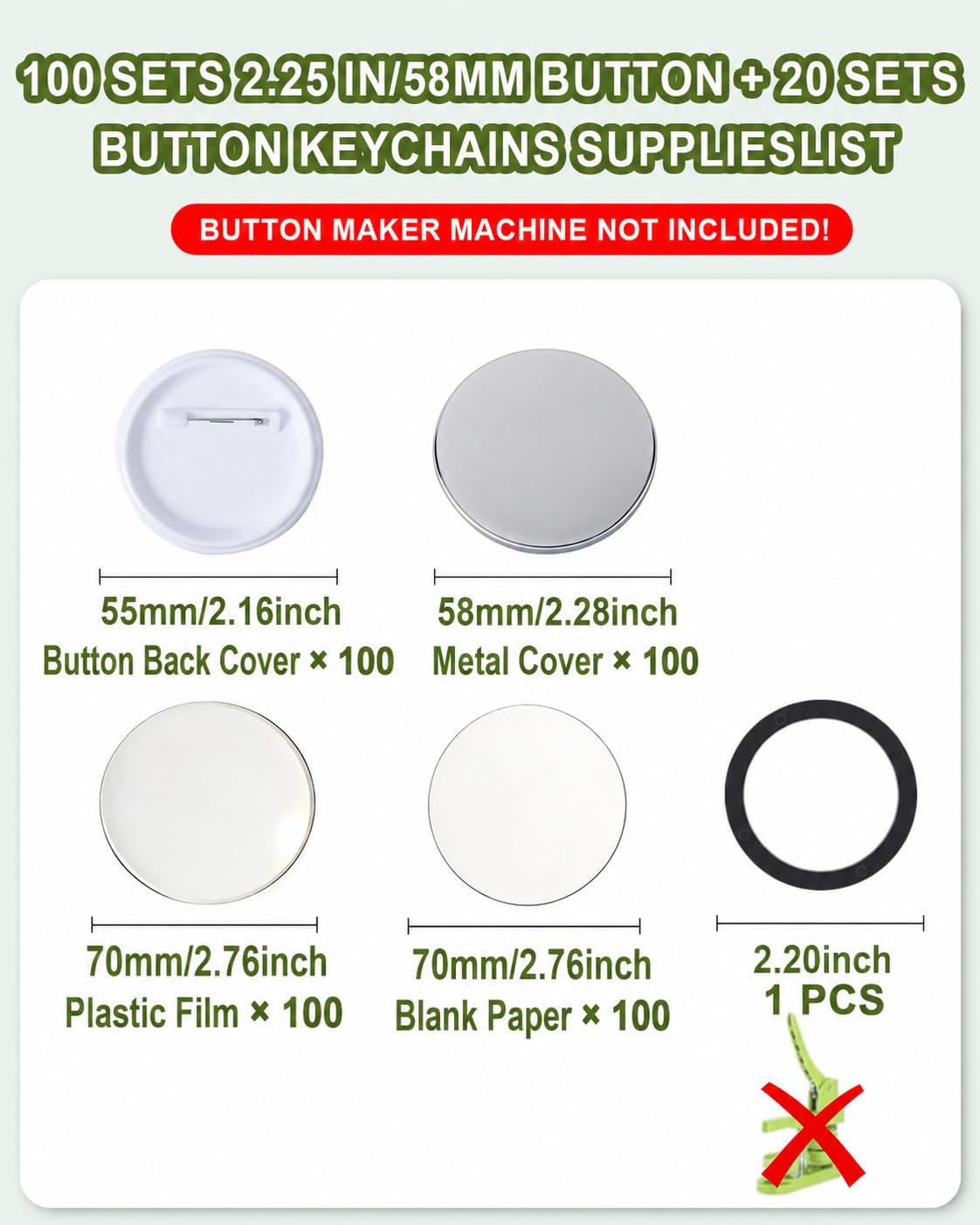 UCEC 100 PCS 58mm Button Maker Supplies, 2.25 Inch Button Pins Badge Kit, Pin Maker Supplies Button Making Supplies with Plastic Backs, Clear Film & Papers, Fits Most 58mm Button Maker Machine for DIY