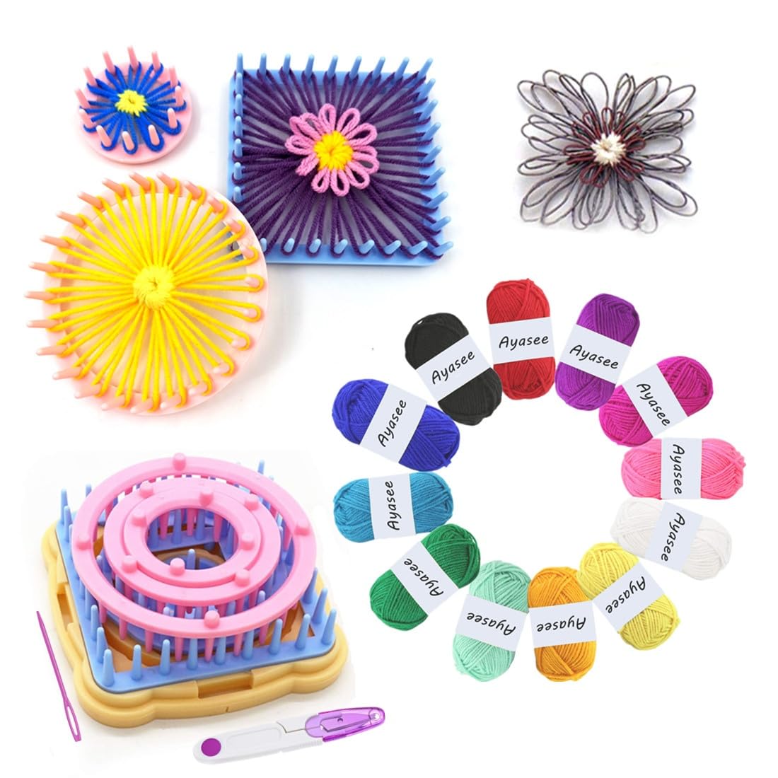 Ayasee Weaving Loom Kit, Flower Knitting Loom Kit, Frame Looms, Knitting Wool, Round/Square Knitting Looms Craft Kit Multi Color (Flower Maker + Yarn)