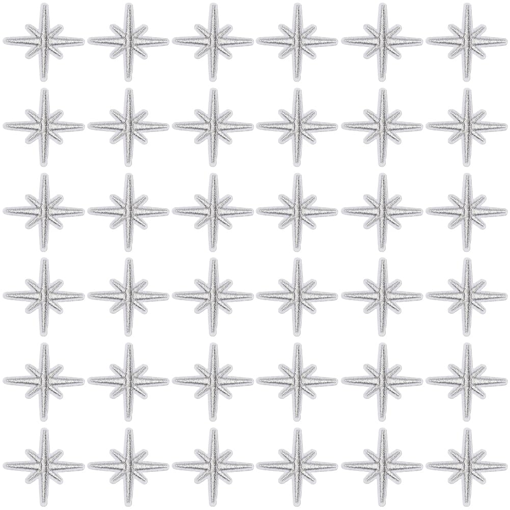CABODYALS 100Pcs Silver Embroidered Star Patches Solid Eight Pointed Star Iron on Patch Celestial Sew on Repair Badge Appliques Bulk for Sewing Making Clothes Shirts Bags Christmas Backpack Diy Supply